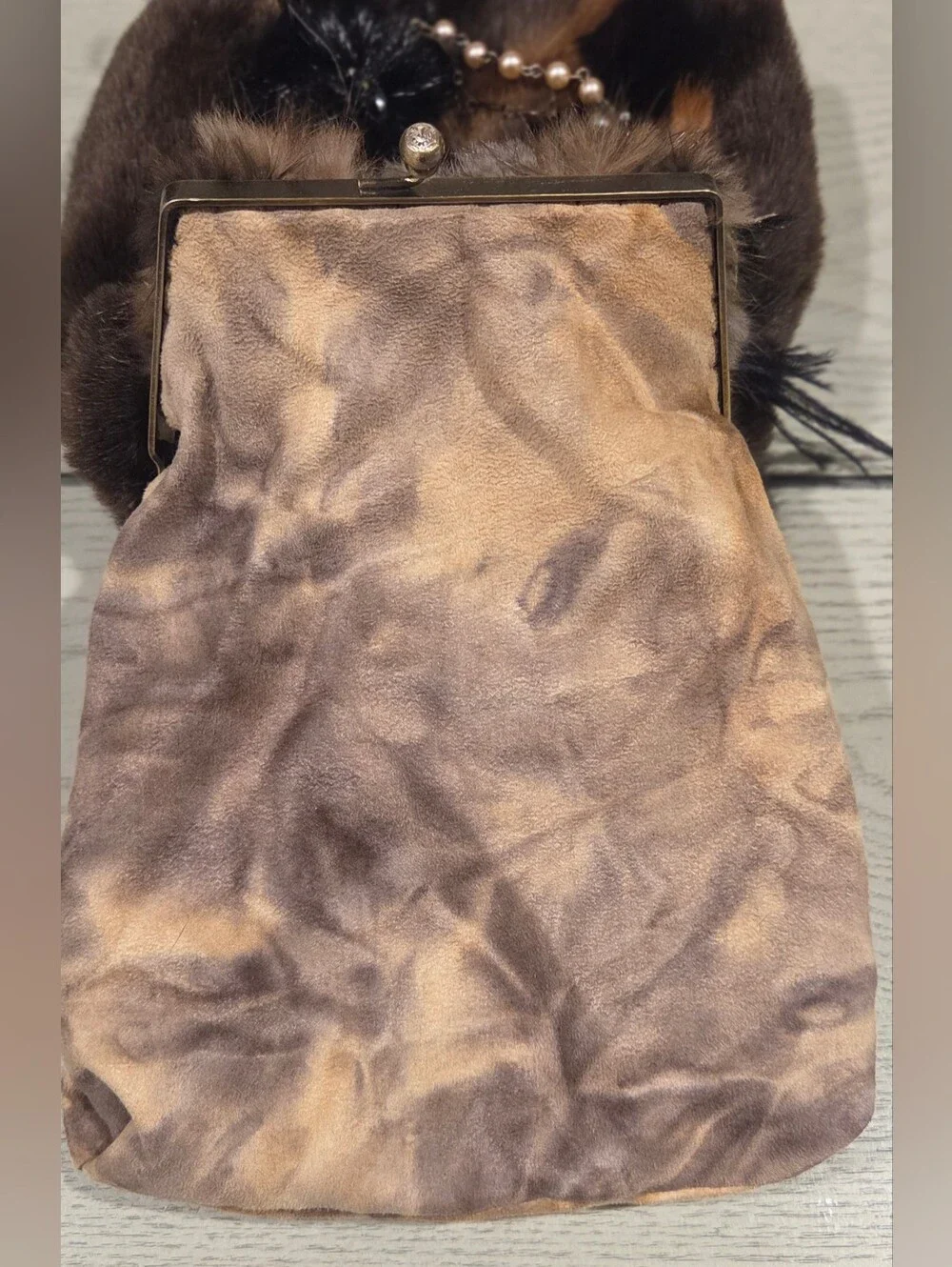 Mary Frances Faux Fur Brown & Black Evening Clutch with Pearl Chain
